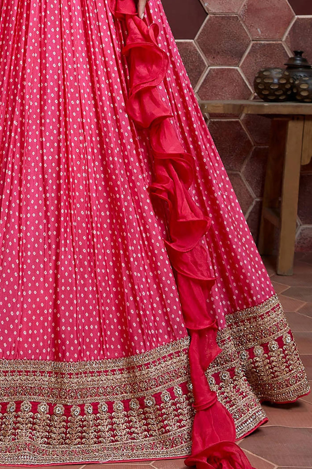 Impressive Pink Digital Print Chinnon Silk Engagement Wear Lehenga Choli