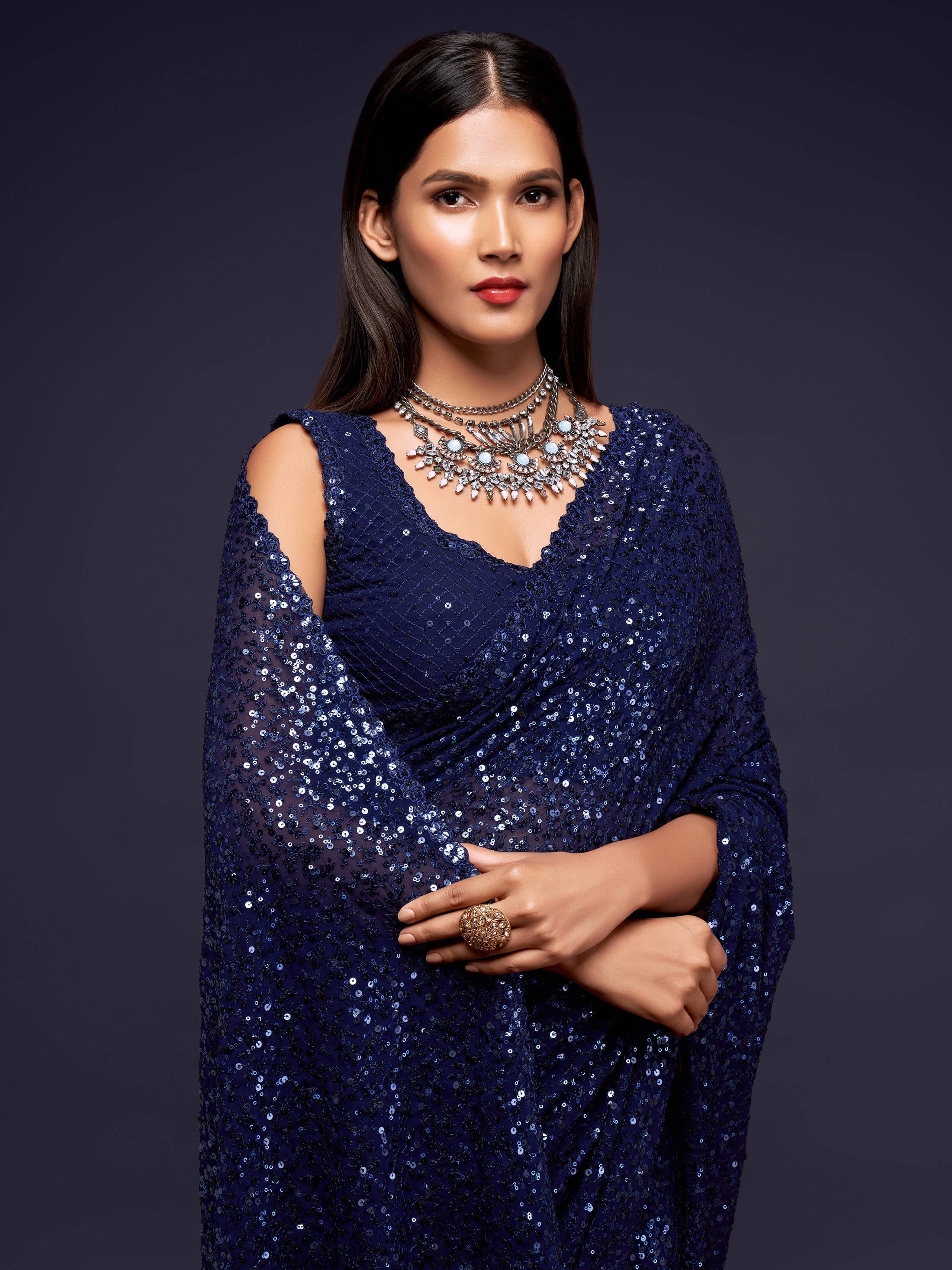 Pretty Blush Blue Sequined Georgette Party Wear Saree