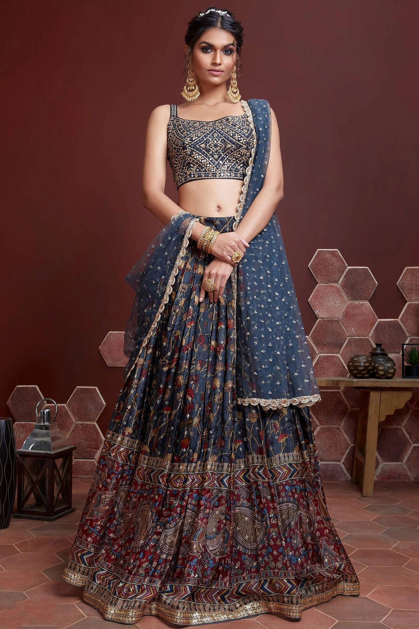 Navy Blue Printed Chinnon Silk Lehenga With Mirror Work Choli