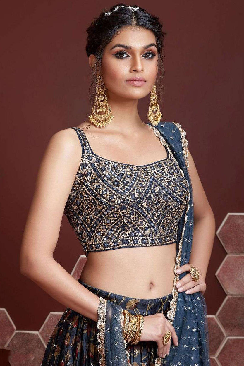 Navy Blue Printed Chinnon Silk Lehenga With Mirror Work Choli