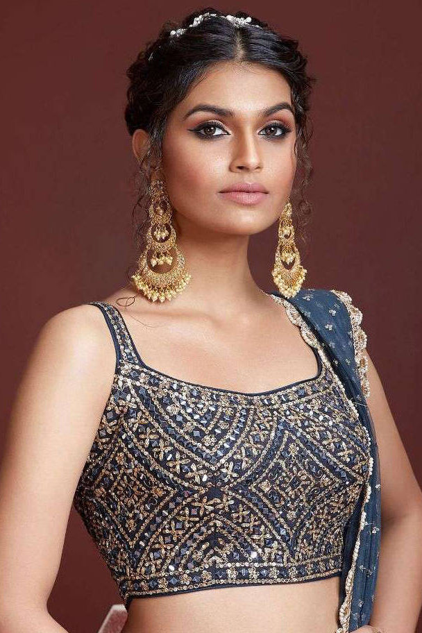 Navy Blue Printed Chinnon Silk Lehenga With Mirror Work Choli