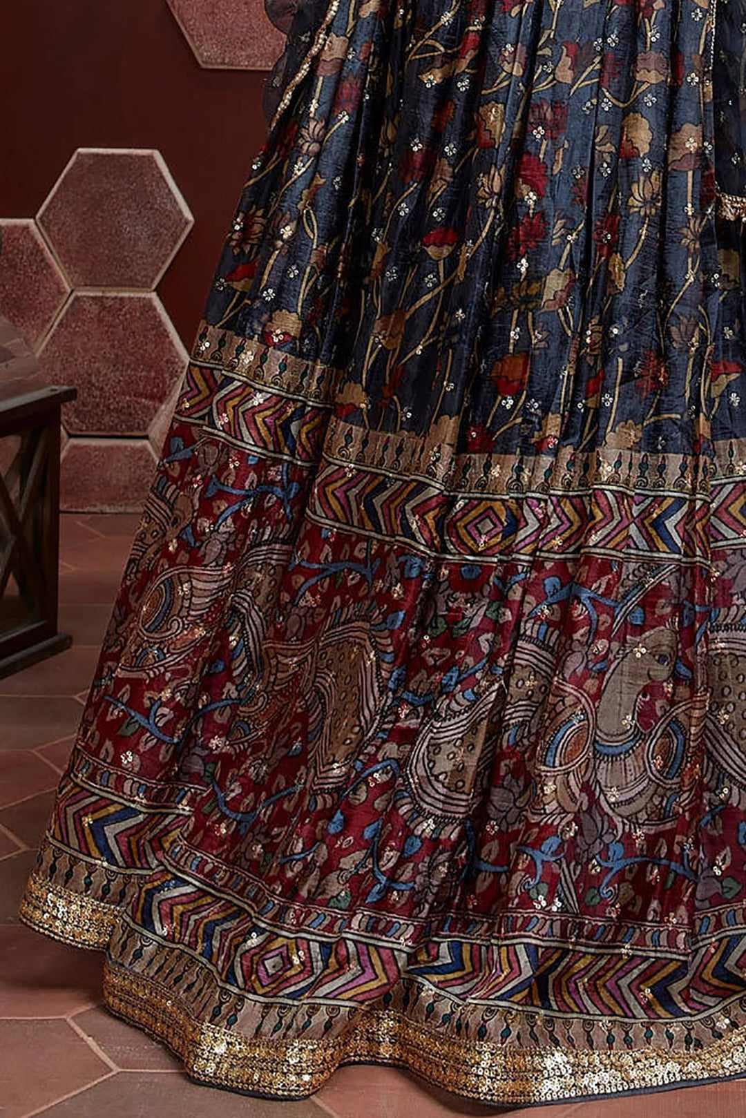 Navy Blue Printed Chinnon Silk Lehenga With Mirror Work Choli
