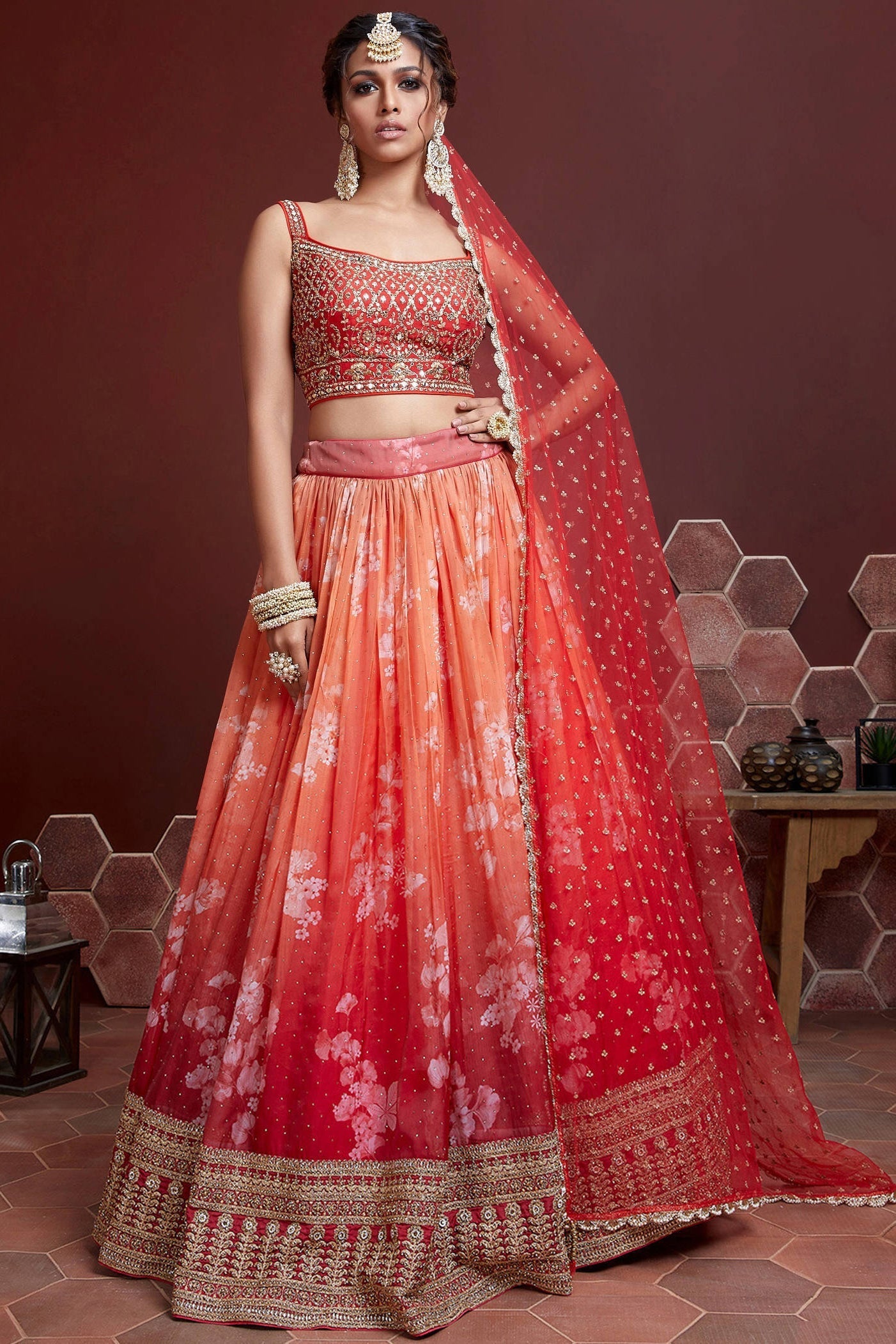 Fabulous Orange Digital Print Organza Silk Engagement Wear Lehenga Choli