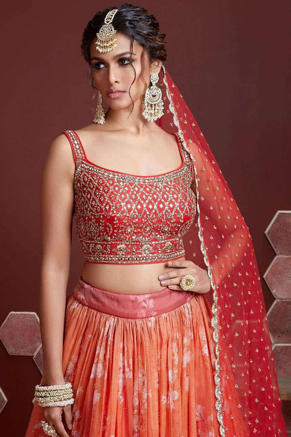 Fabulous Orange Digital Print Organza Silk Engagement Wear Lehenga Choli