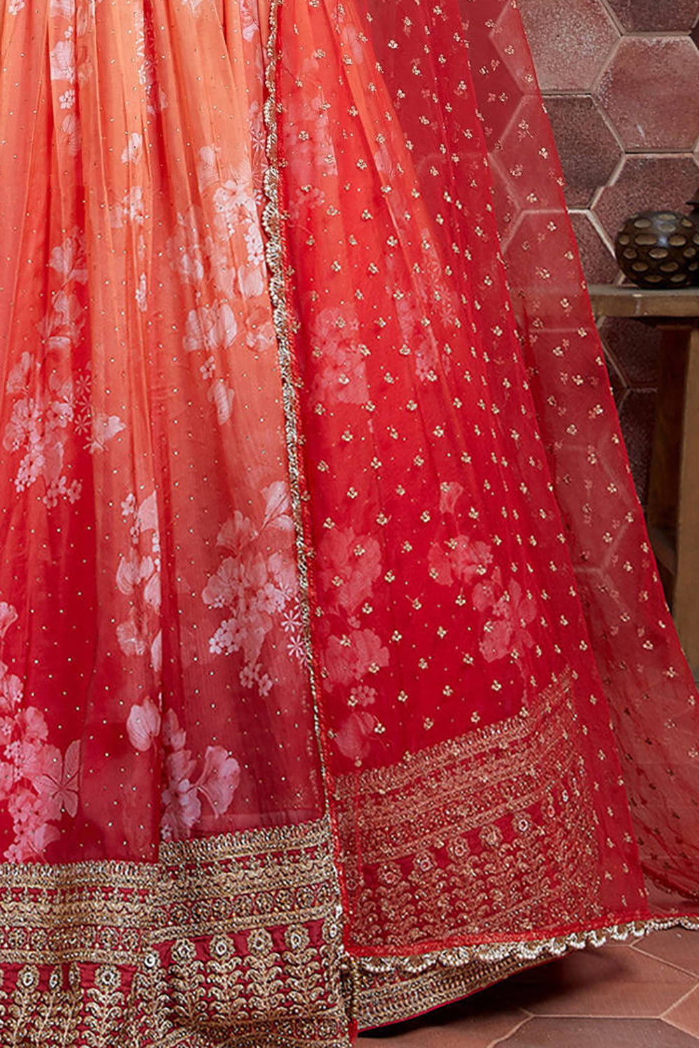 Fabulous Orange Digital Print Organza Silk Engagement Wear Lehenga Choli
