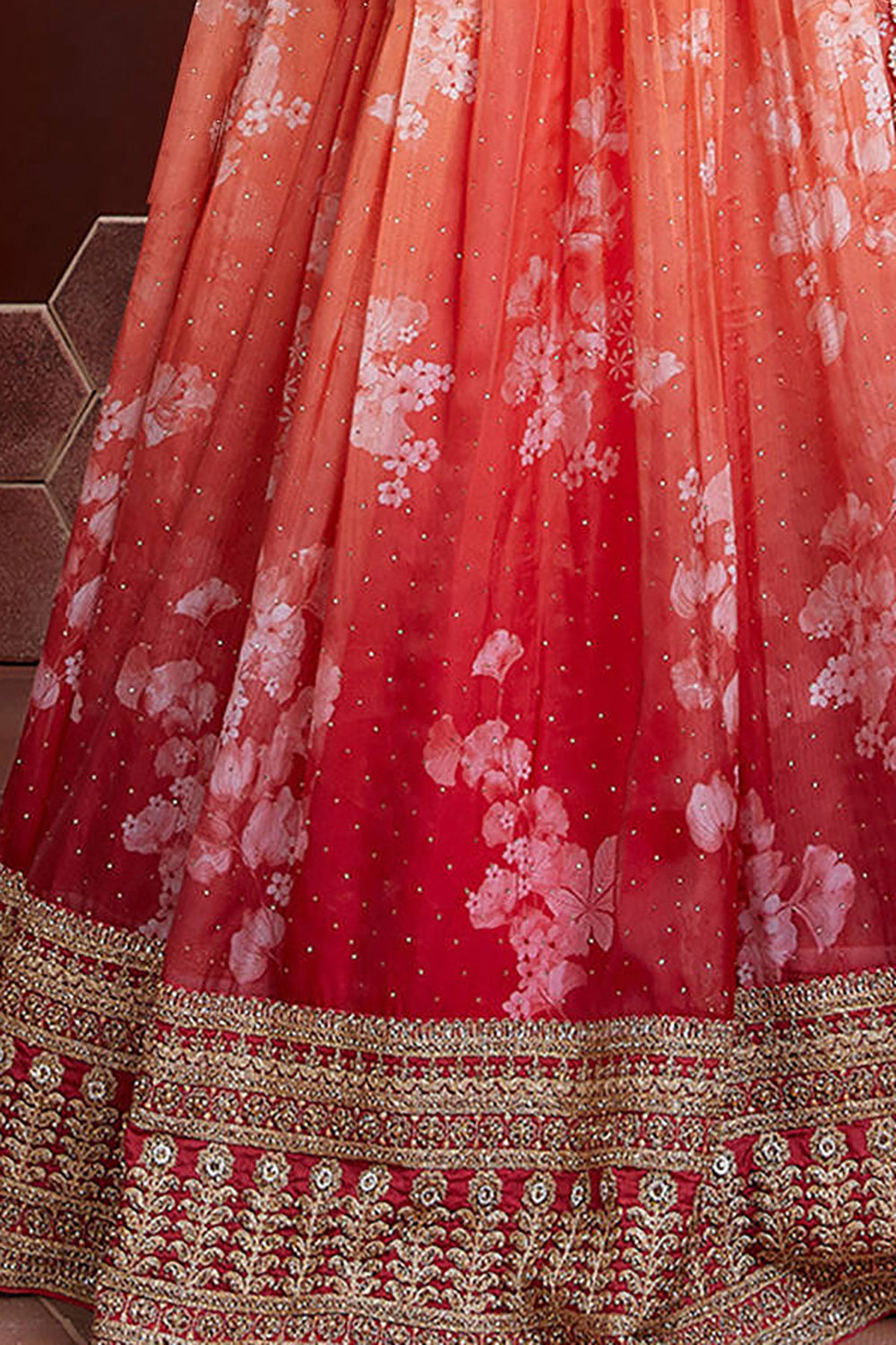 Fabulous Orange Digital Print Organza Silk Engagement Wear Lehenga Choli