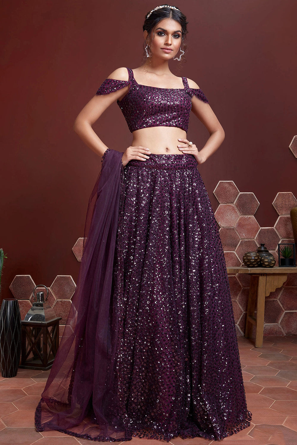Wonderful Purple Sequins Embordered Soft Net Party Wear Lehenga