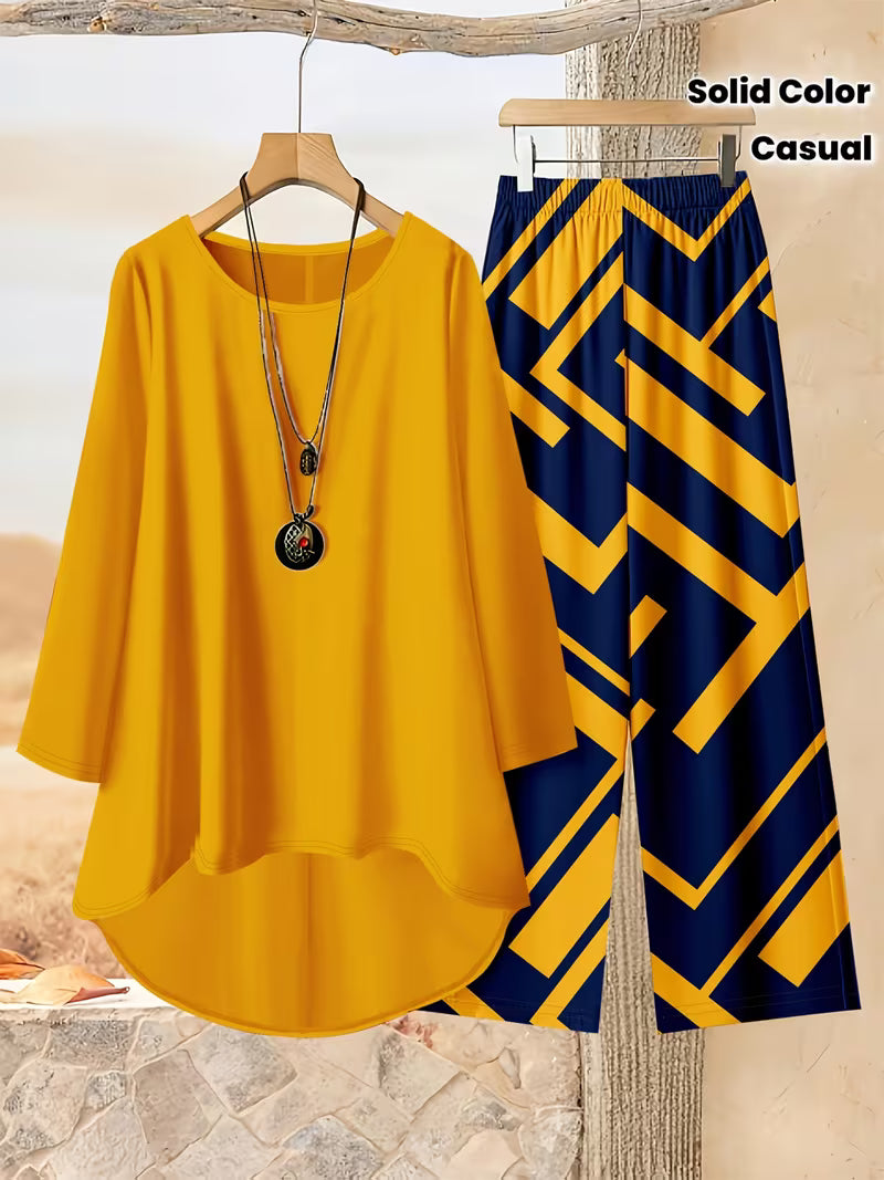 Plus Size Women’s Loose Net Color Top & Printed Pants Set – 2pcs Casual Outfit