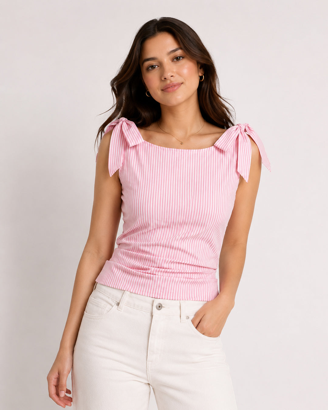 Boat Neckline Striped Bowknot Ruched Tank Top in Baby Pink
