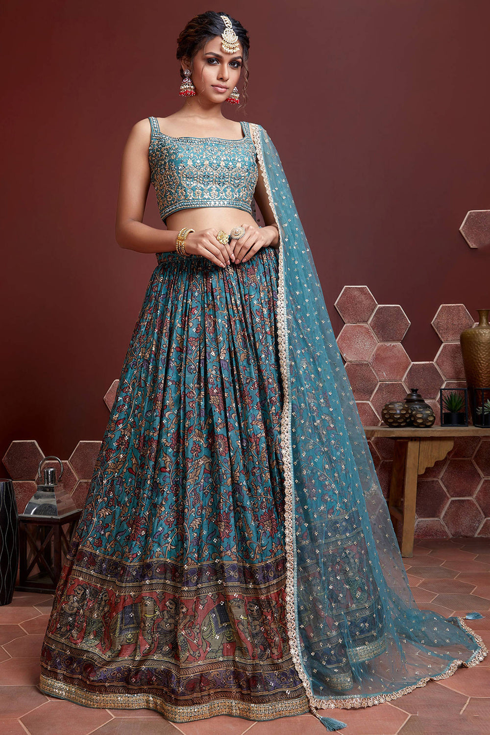 Outstanding Sky Blue Digital Print Chinnon Silk Party Wear Lehenga Choli