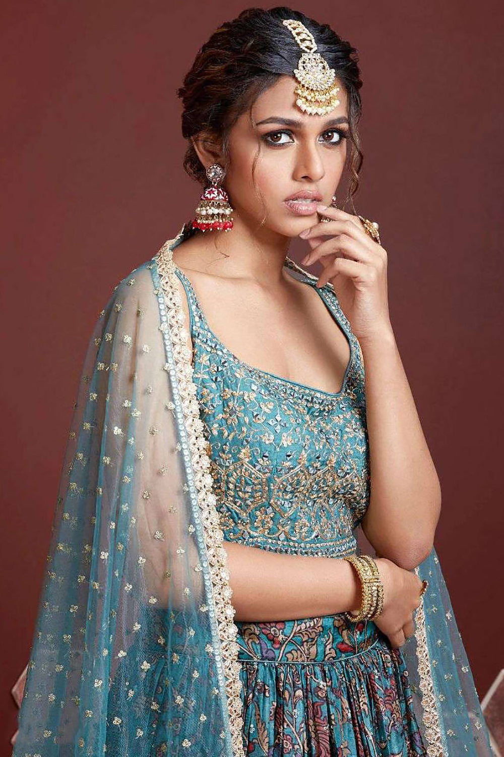Outstanding Sky Blue Digital Print Chinnon Silk Party Wear Lehenga Choli