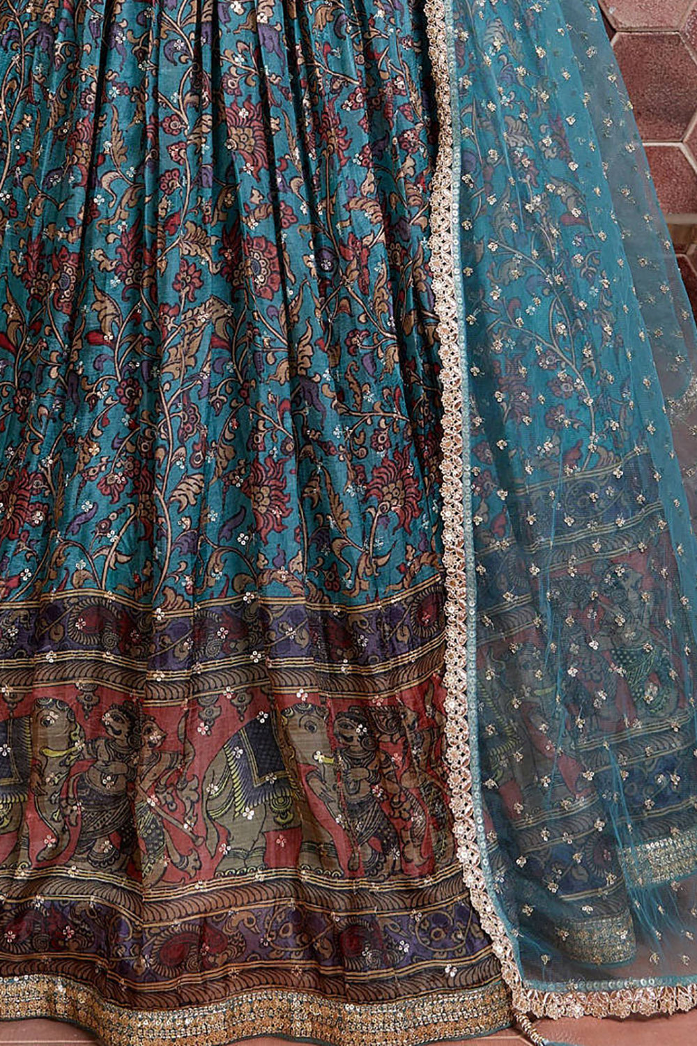 Outstanding Sky Blue Digital Print Chinnon Silk Party Wear Lehenga Choli