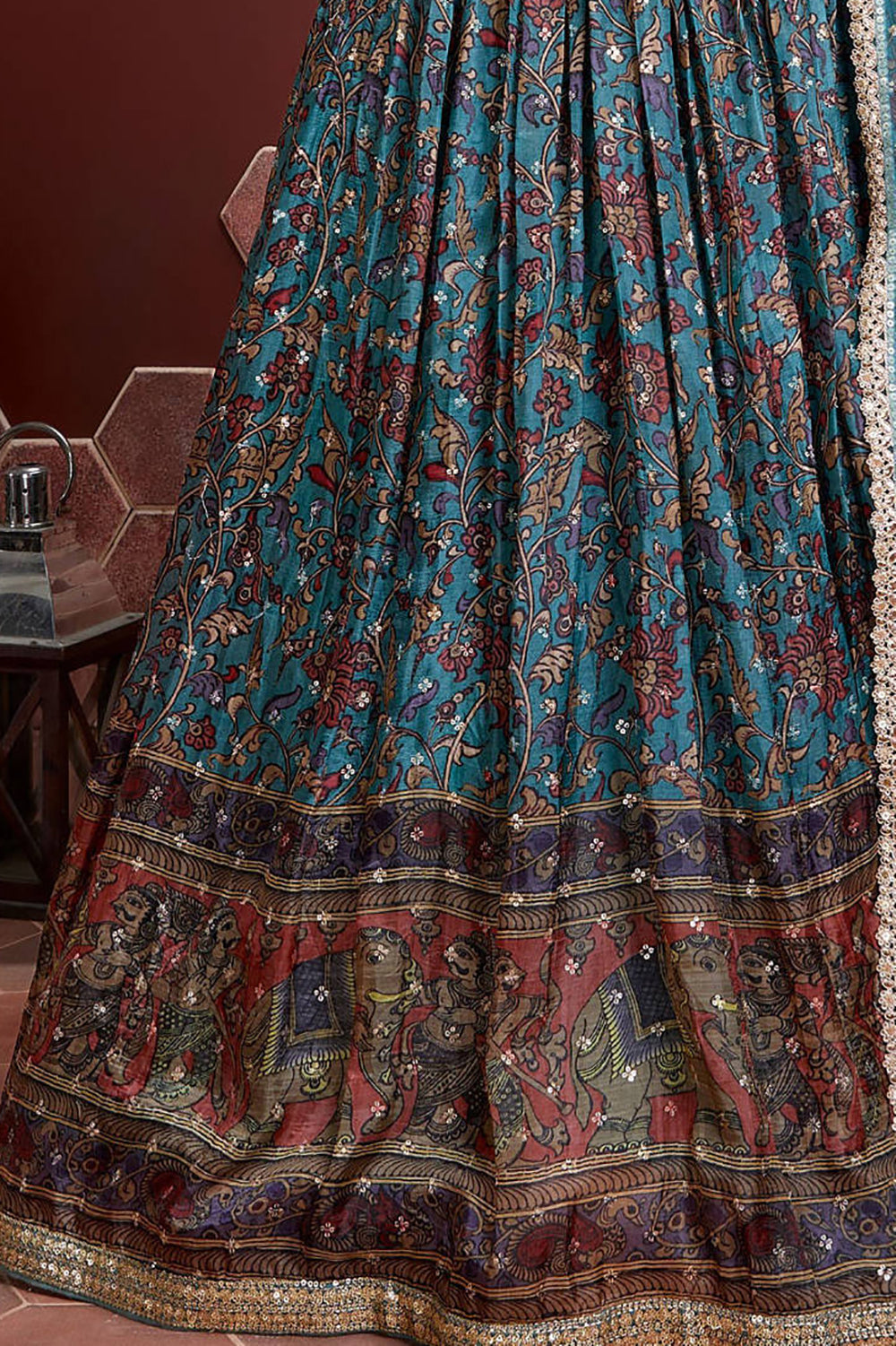 Outstanding Sky Blue Digital Print Chinnon Silk Party Wear Lehenga Choli