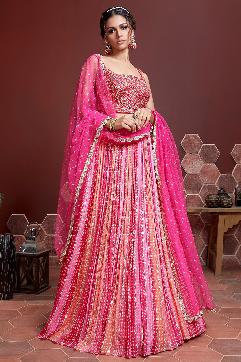 Wonderful Pink Digital Print Chinnon Silk Engagement Wear Lehenga Choli