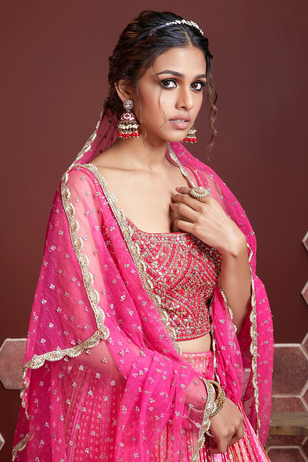 Wonderful Pink Digital Print Chinnon Silk Engagement Wear Lehenga Choli