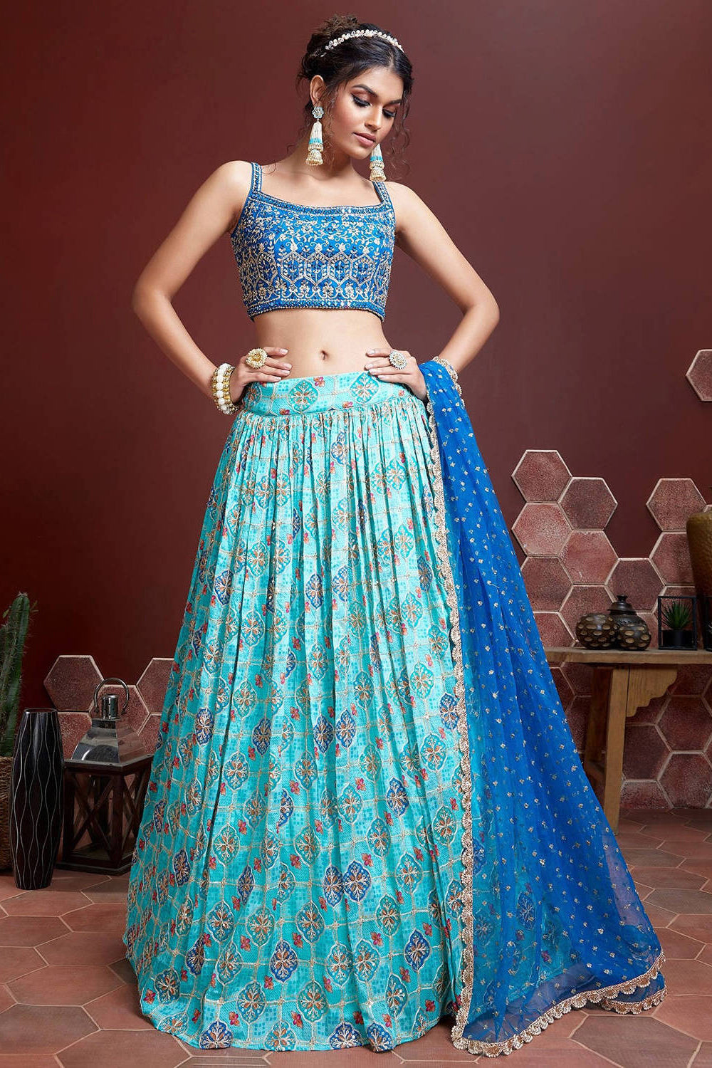 Amazing Sky Blue Digital Print Chinnon Silk Engagement Wear Lehenga Choli