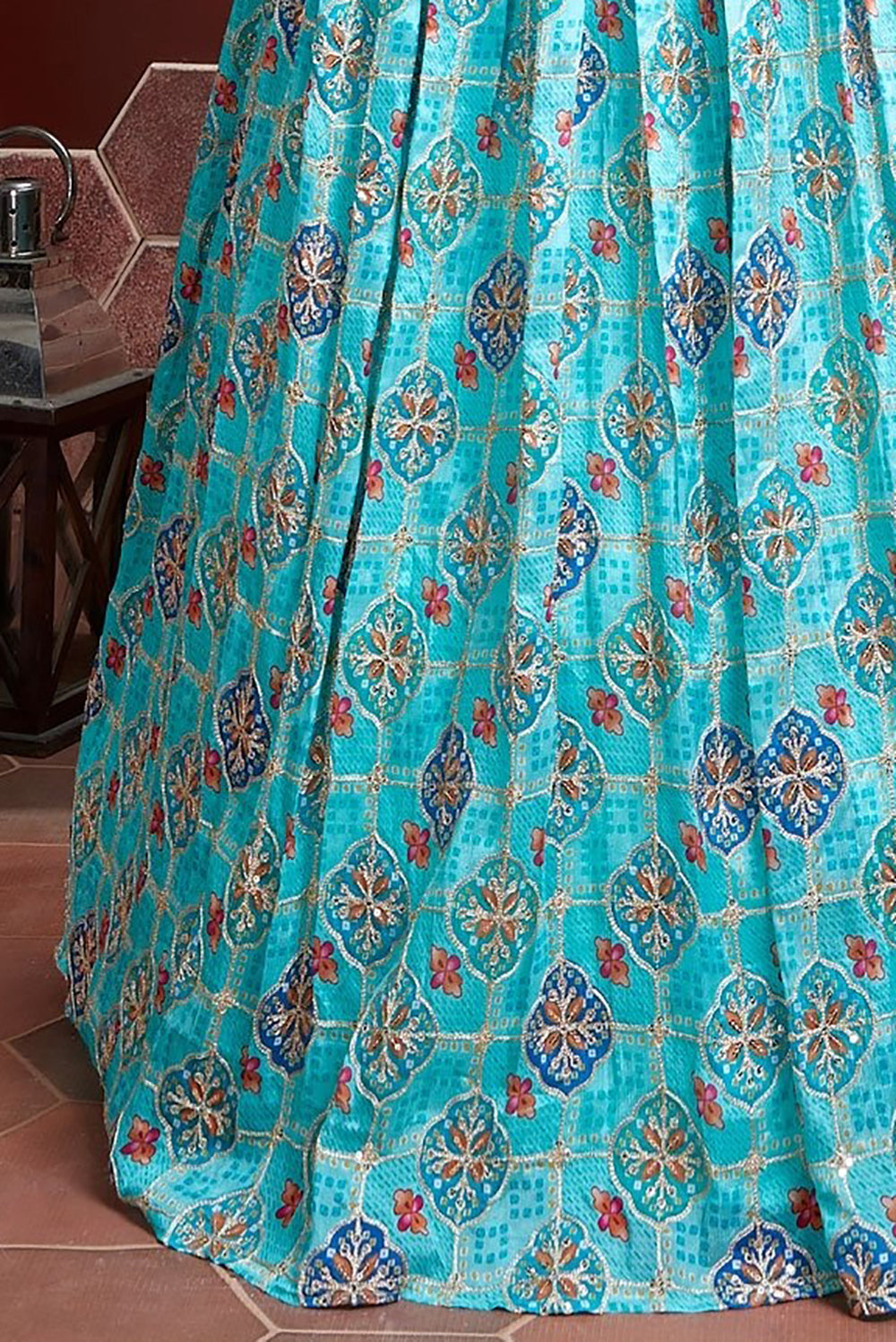 Amazing Sky Blue Digital Print Chinnon Silk Engagement Wear Lehenga Choli