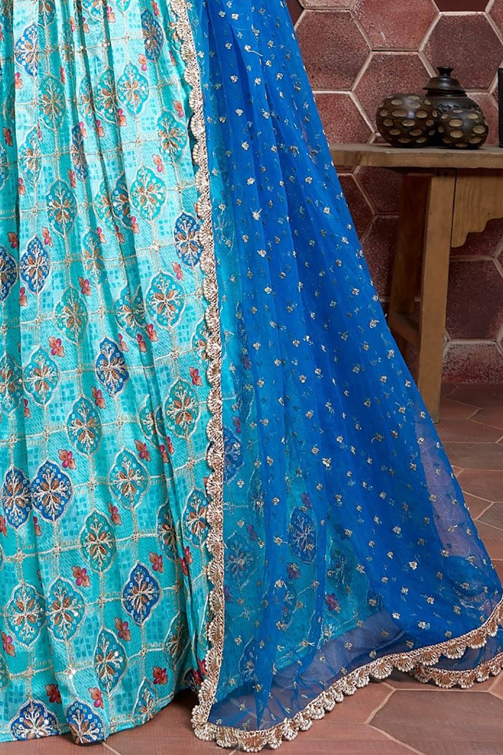 Amazing Sky Blue Digital Print Chinnon Silk Engagement Wear Lehenga Choli