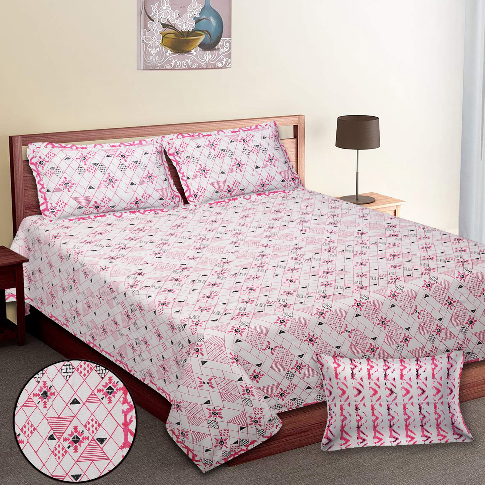 King-Size Bed Sheet Set with 2 Pillow Covers (Cotton Autoloom Fabric)