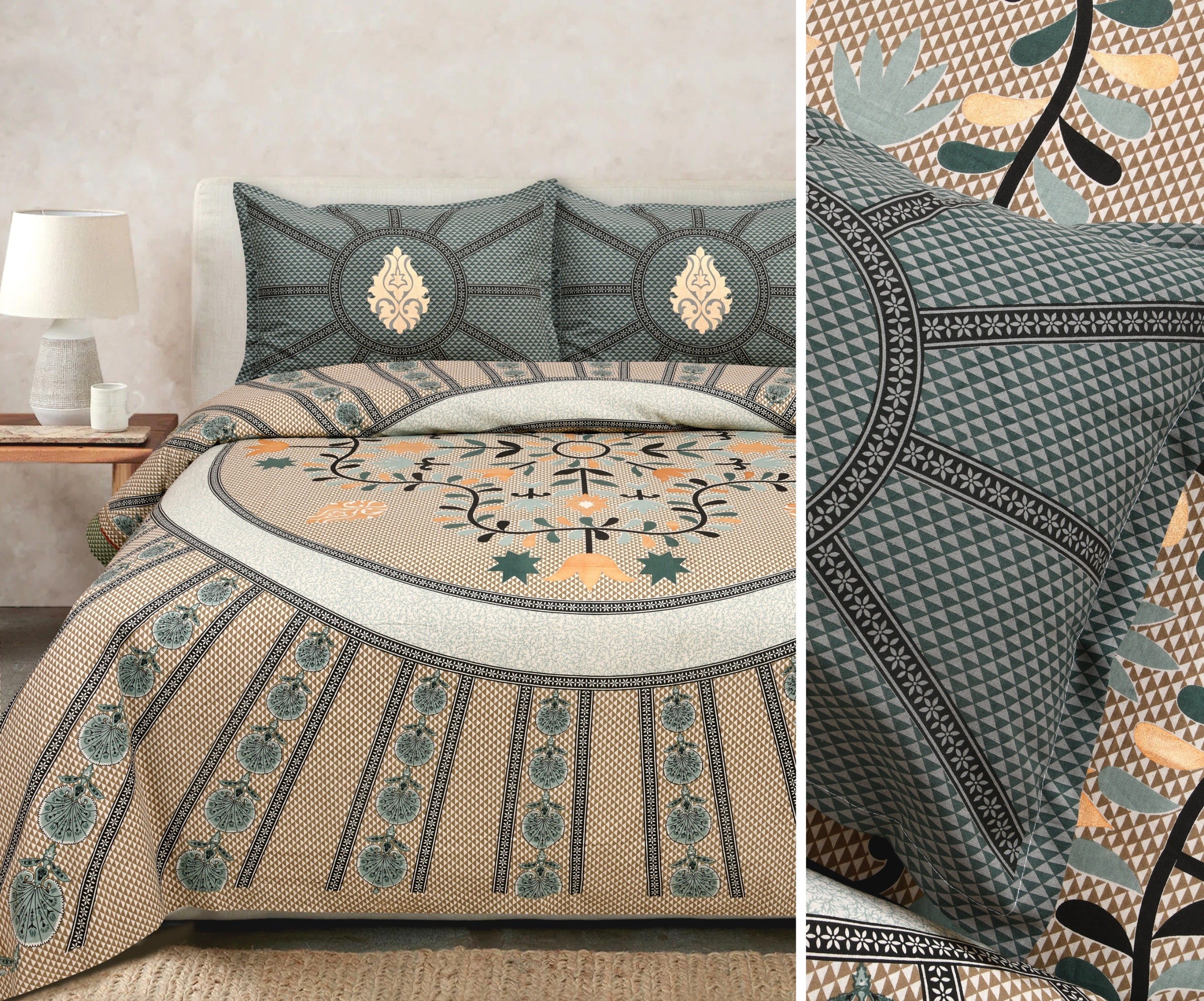 Gold Printed Cotton Bedsheet Set with Coordinating Pillow Covers