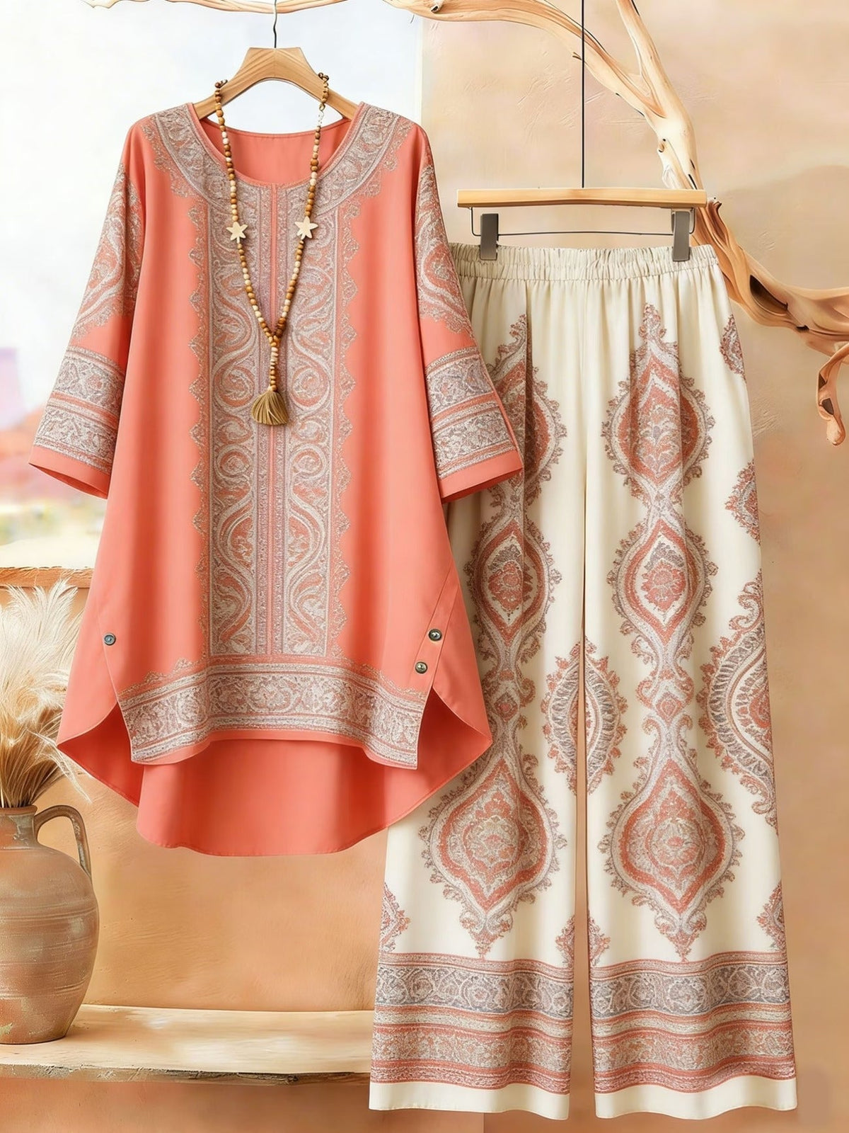 Featuring Persian Floral Print Design, Crew Neck, Dipped Hem, Suitable for Everyday Casual Wear, Comfortable and Stylish