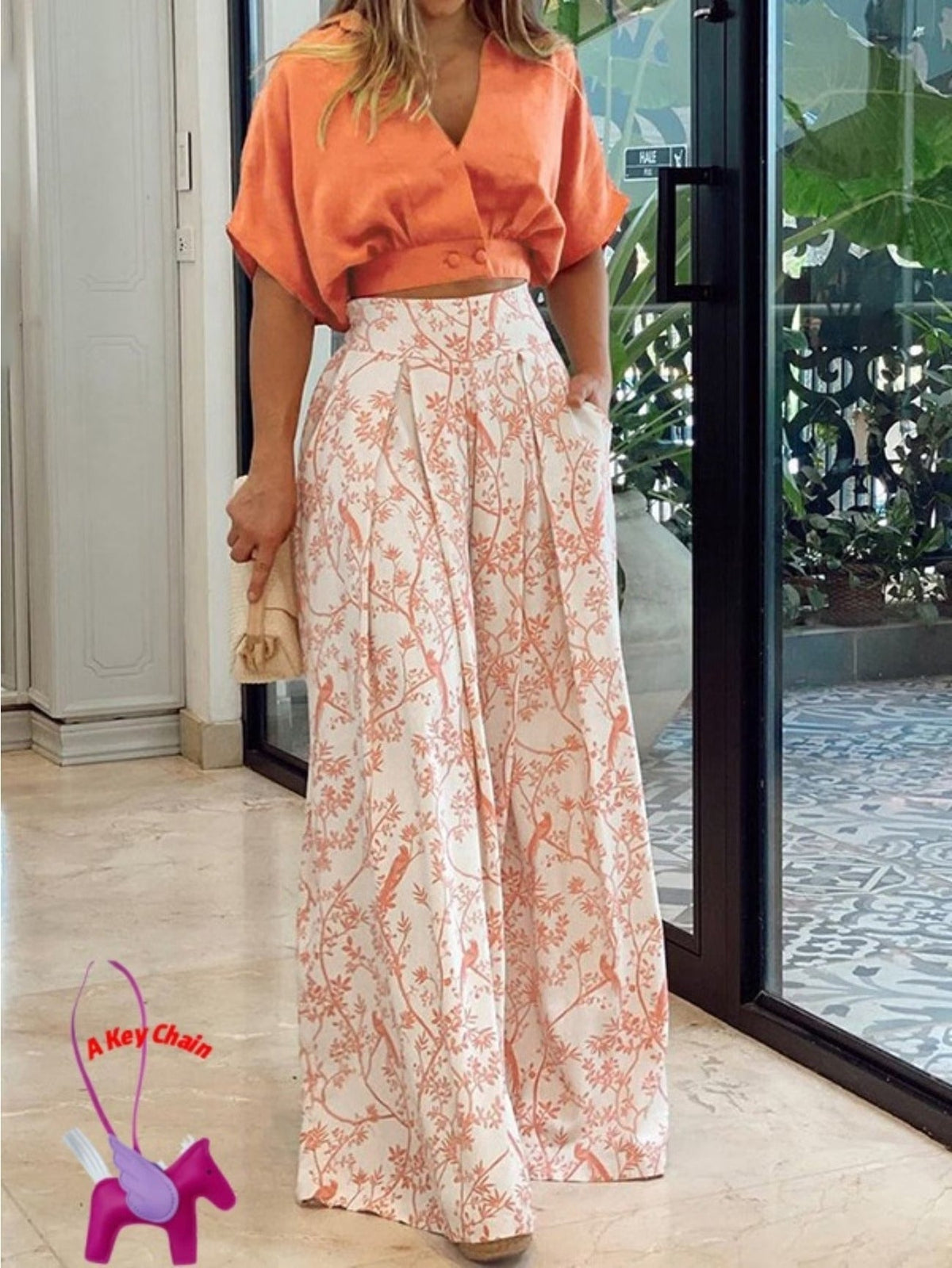Elegant Printed Wide-Leg Pants Set – V-Neck Shirt Top Stylish Women’s Spring Casual Outfit