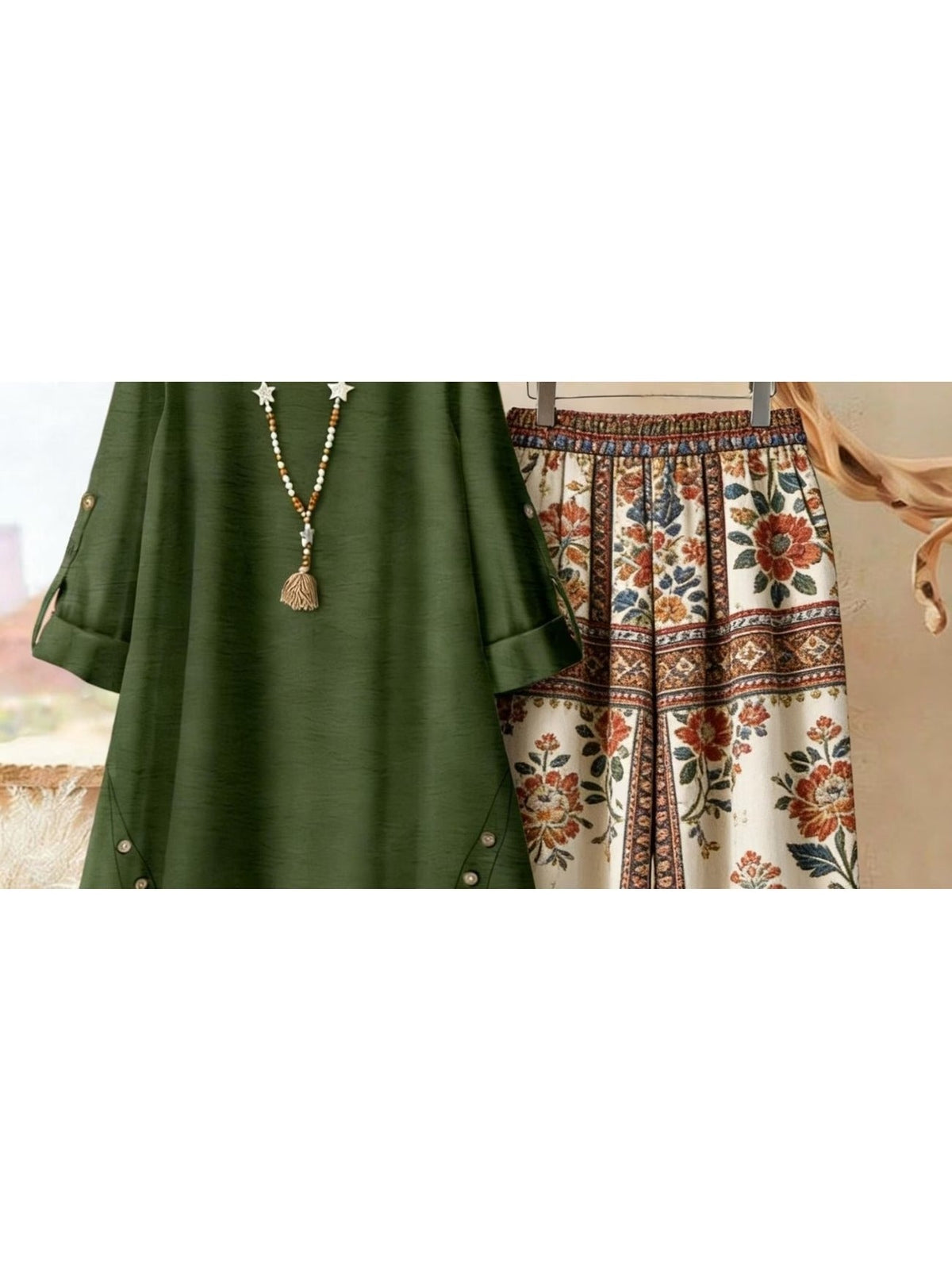 Plus Size Retro Print Two-Piece Set – Casual Long Sleeve Top & Comfortable Pants Outfit for Women
