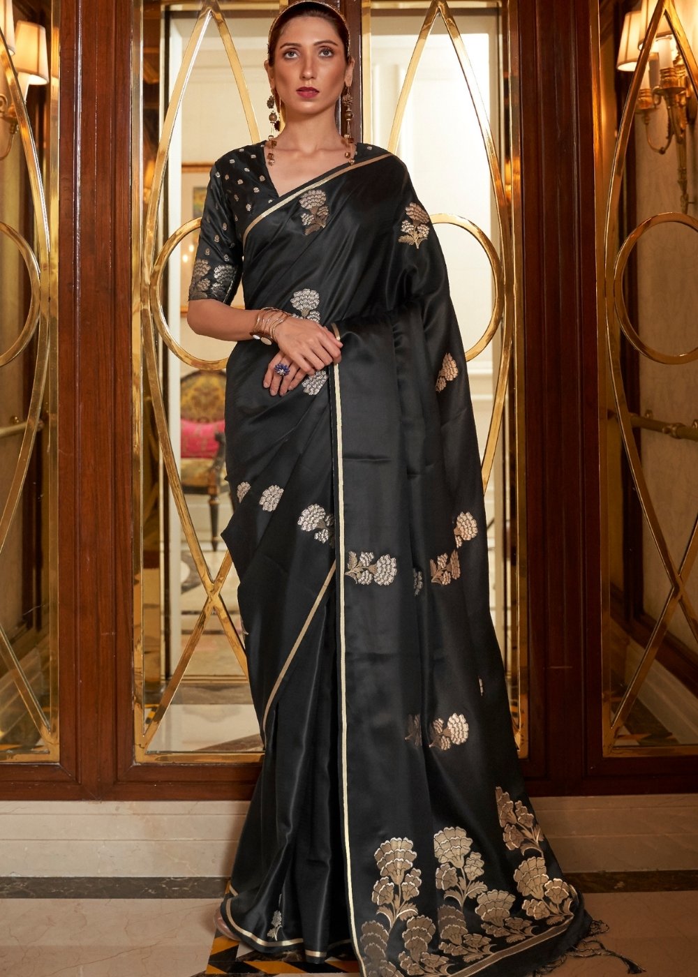 Midnight Black Designer Satin Silk Saree