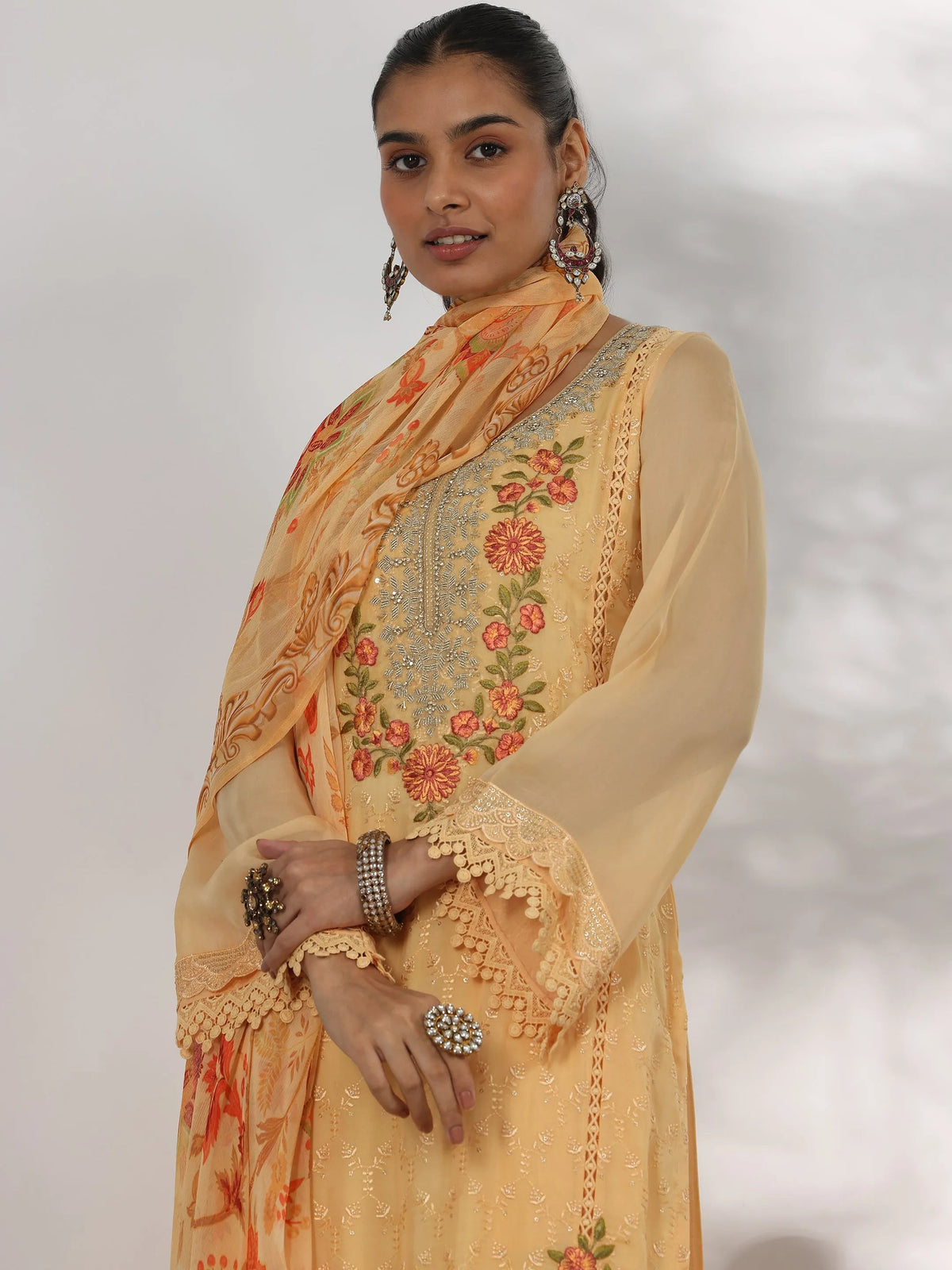 Anouk Yellow Embroidered Organza Straight Suit With Dupatta