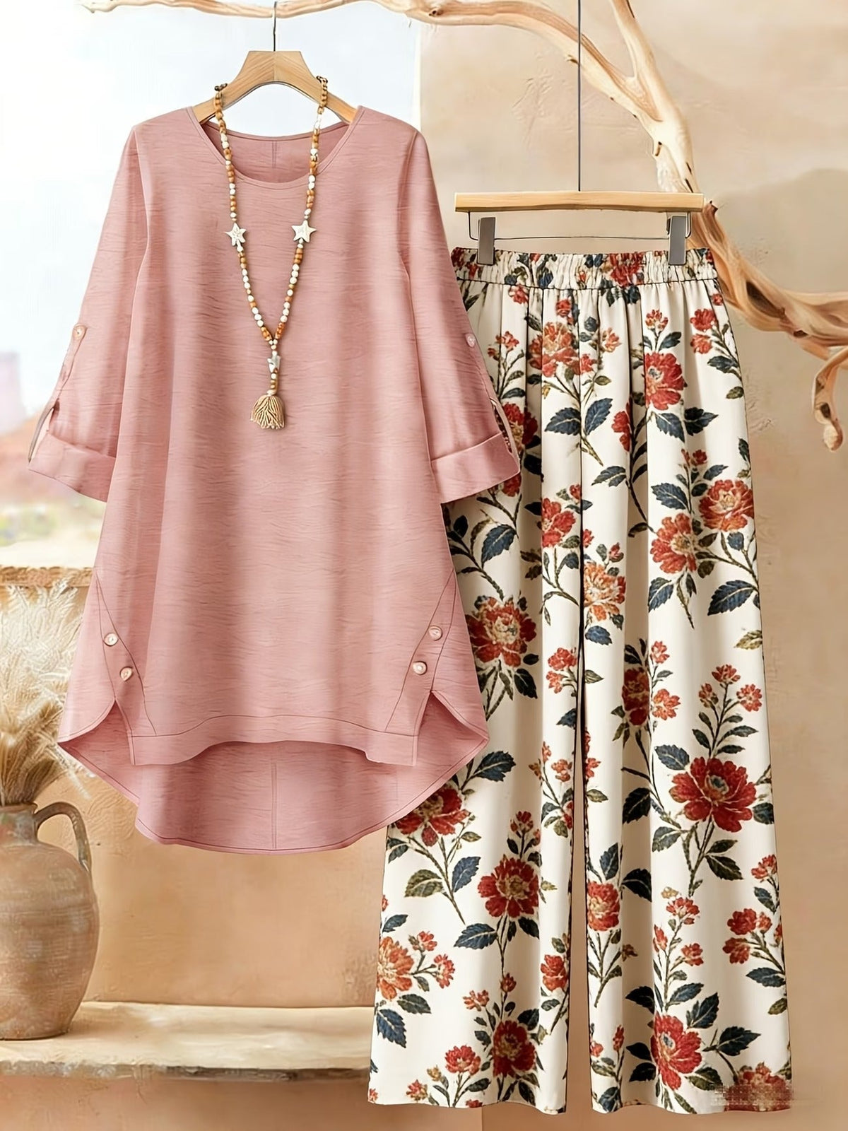 Plus Size Retro Print Two-Piece Set – Casual Long Sleeve Top & Comfortable Pants Outfit for Women