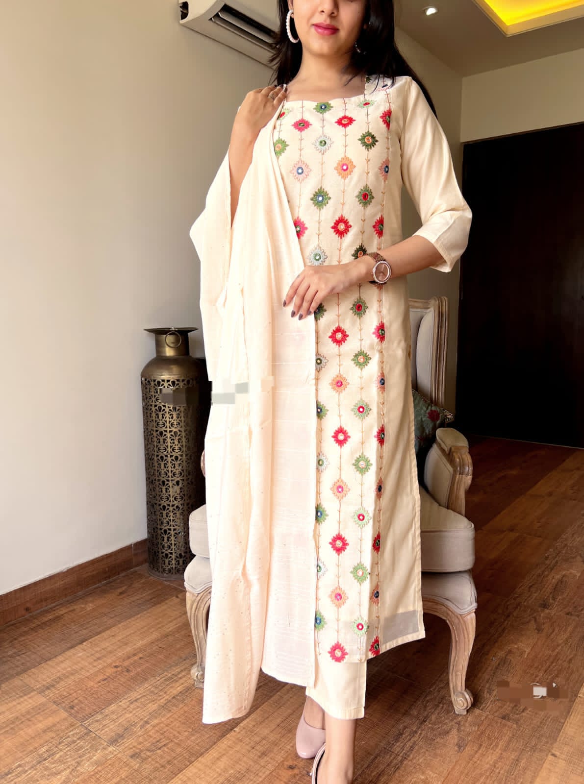 Cream Cotton Resham Embroidery Sequence Suit Set with Self-Zari Dupatta