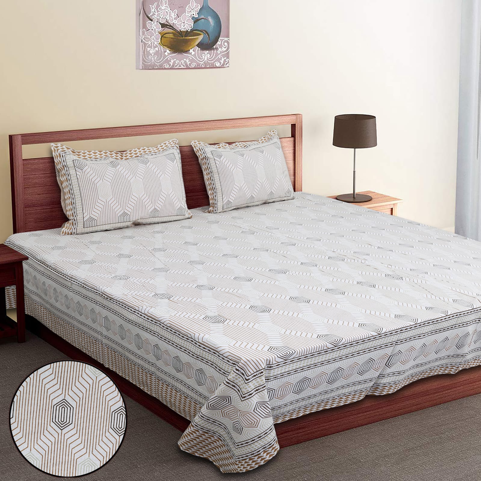 King-Size Bed Sheet Set with 2 Pillow Covers (Cotton Autoloom Fabric)