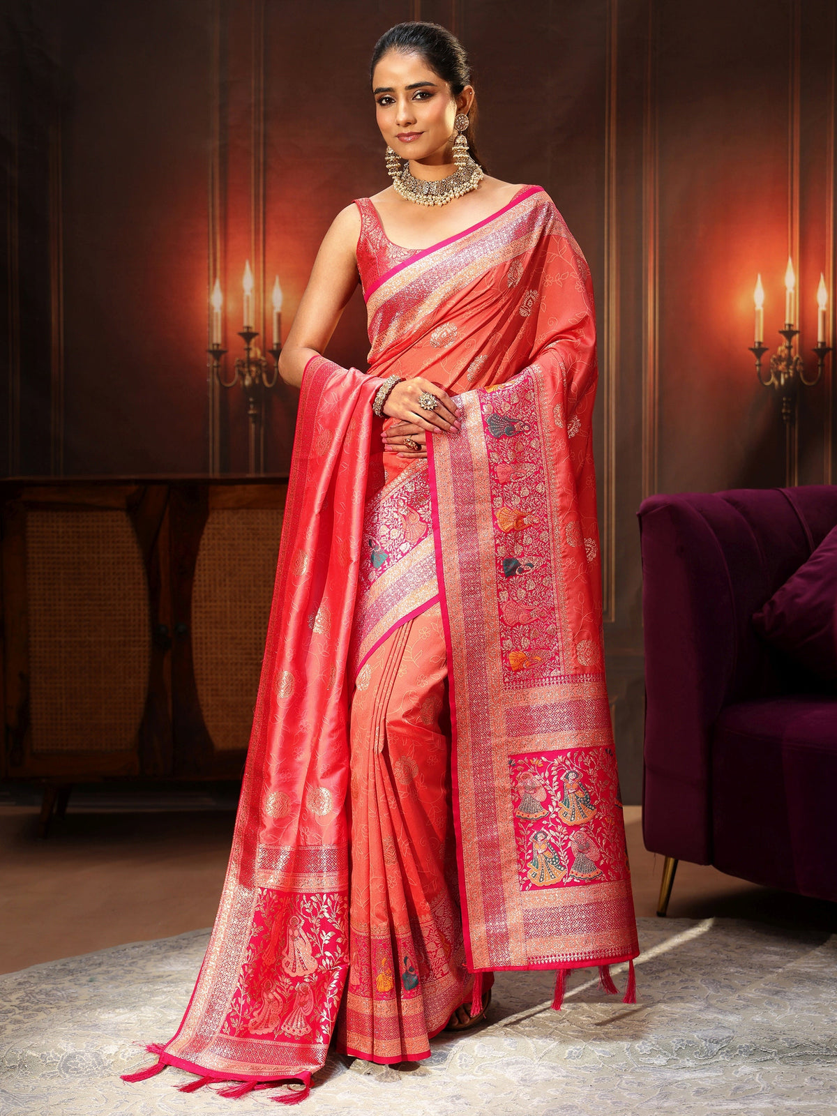 Anouk Coral Pink Banarasi Silk Blend Saree