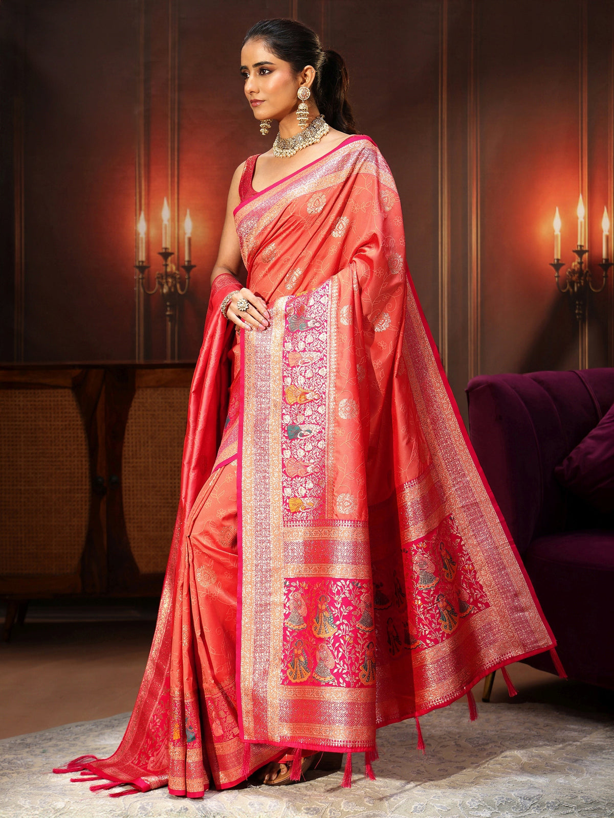 Anouk Coral Pink Banarasi Silk Blend Saree