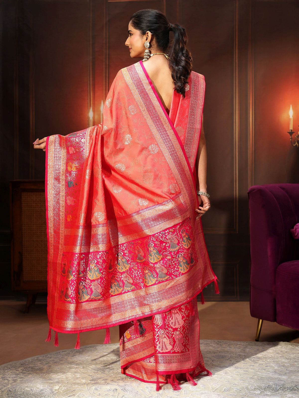 Anouk Coral Pink Banarasi Silk Blend Saree