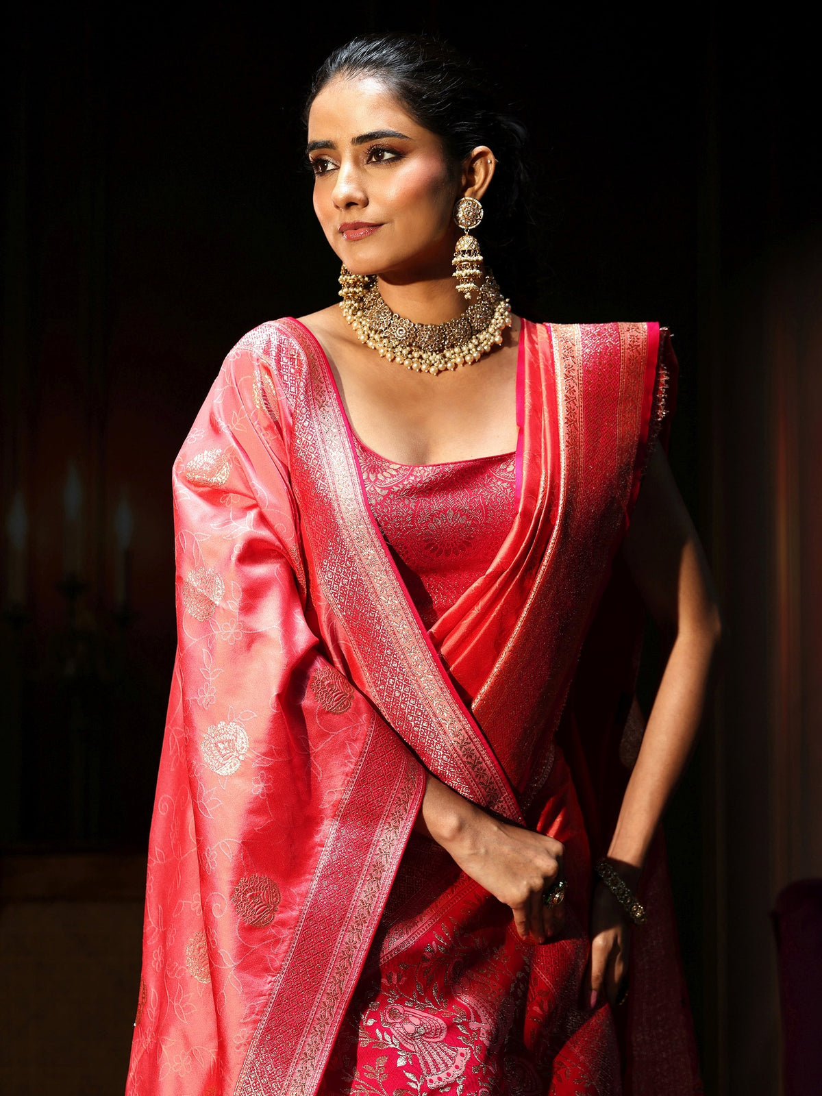 Anouk Coral Pink Banarasi Silk Blend Saree
