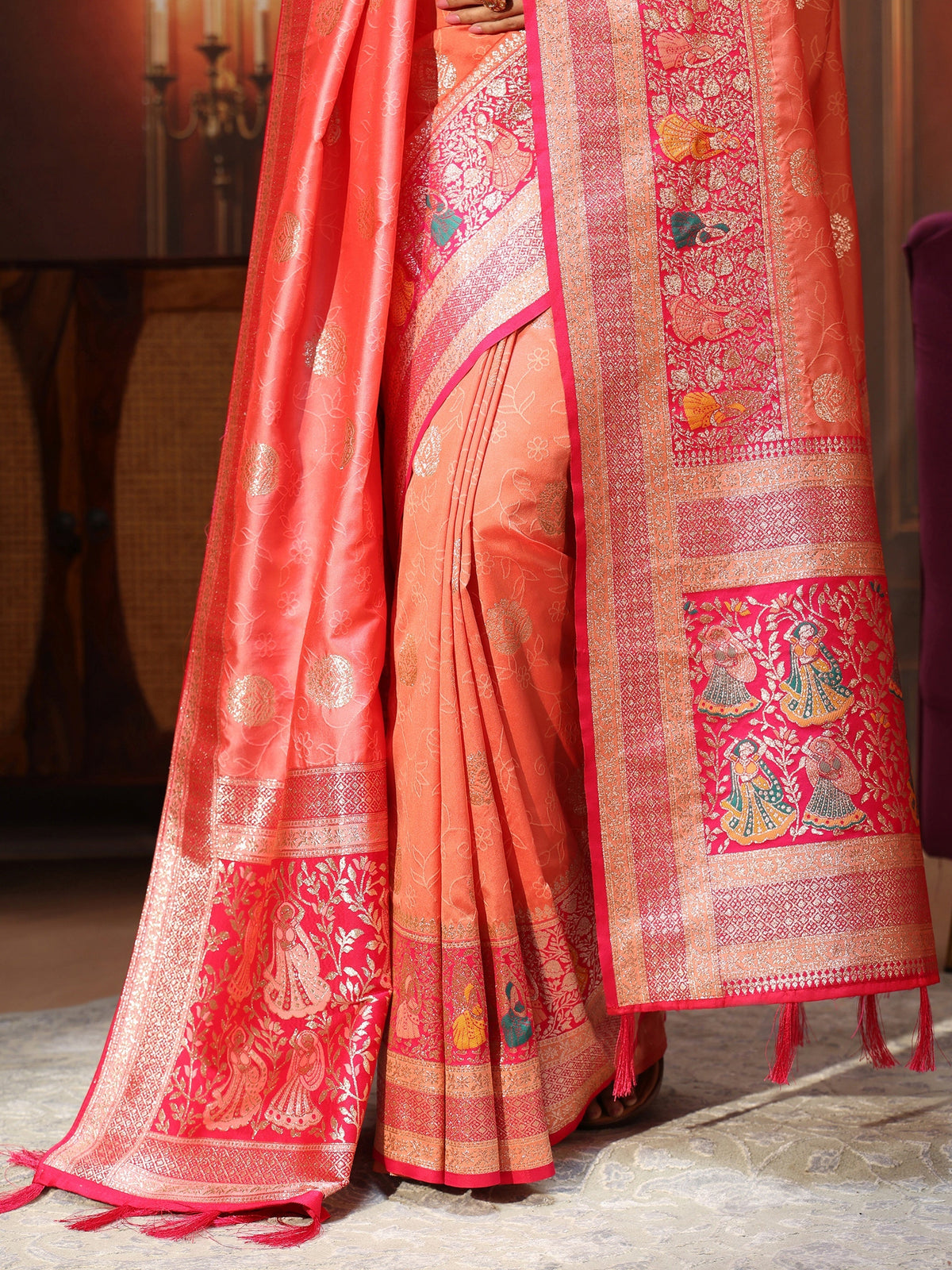 Anouk Coral Pink Banarasi Silk Blend Saree