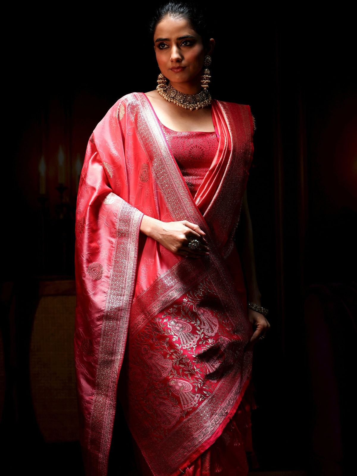 Anouk Coral Pink Banarasi Silk Blend Saree