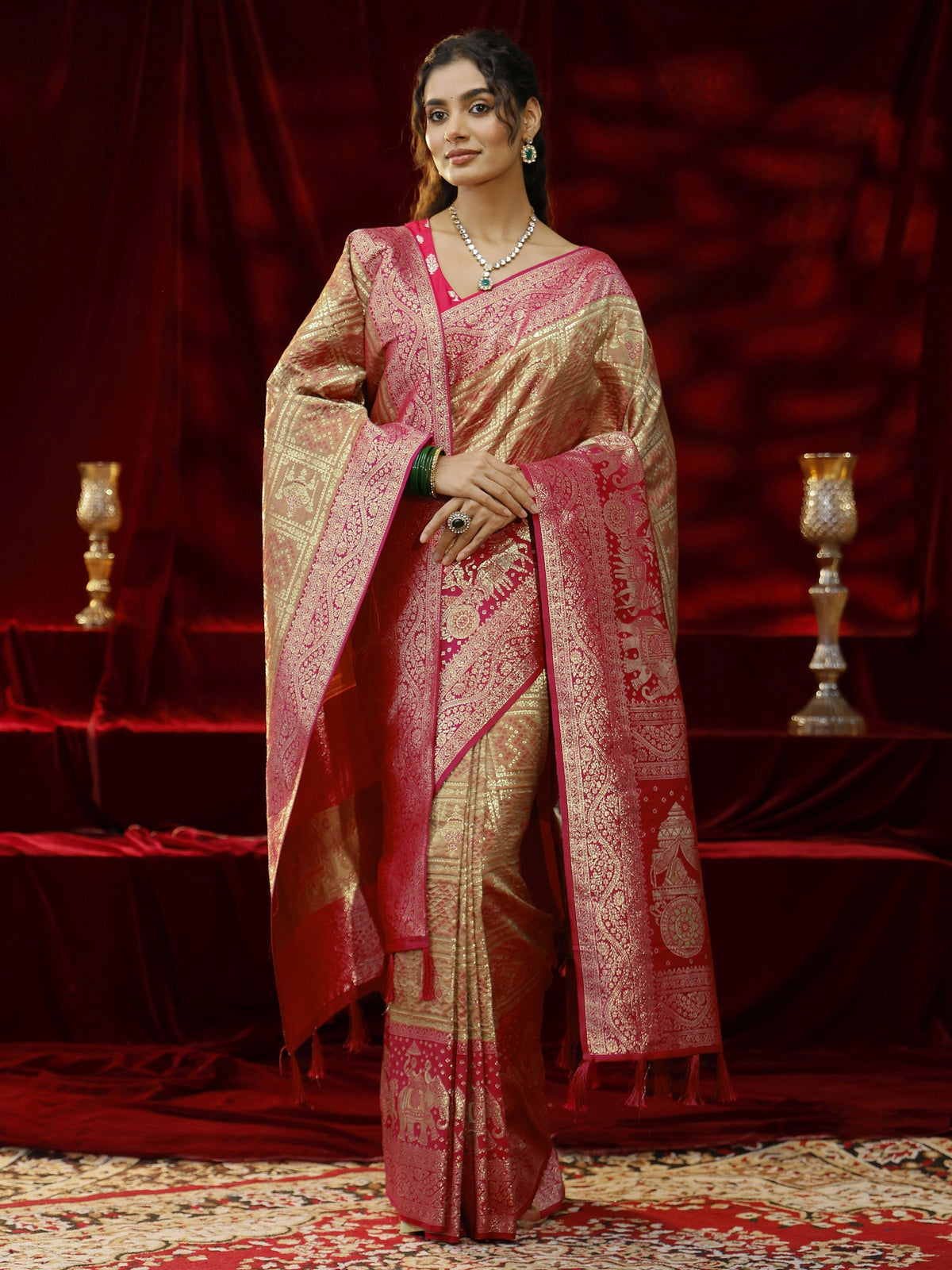 Anouk Mustard Badhani Woven Design Silk blend Saree with dupatta