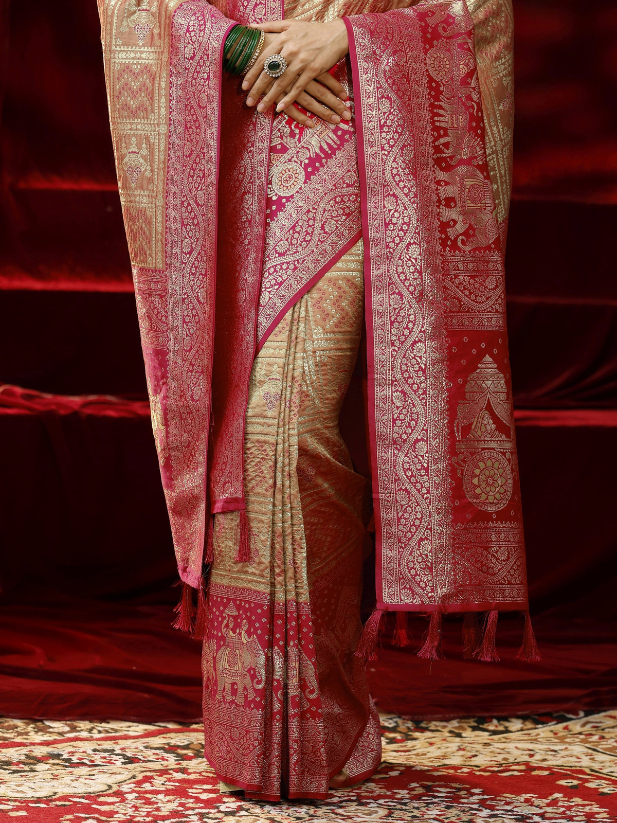 Anouk Mustard Badhani Woven Design Silk blend Saree with dupatta