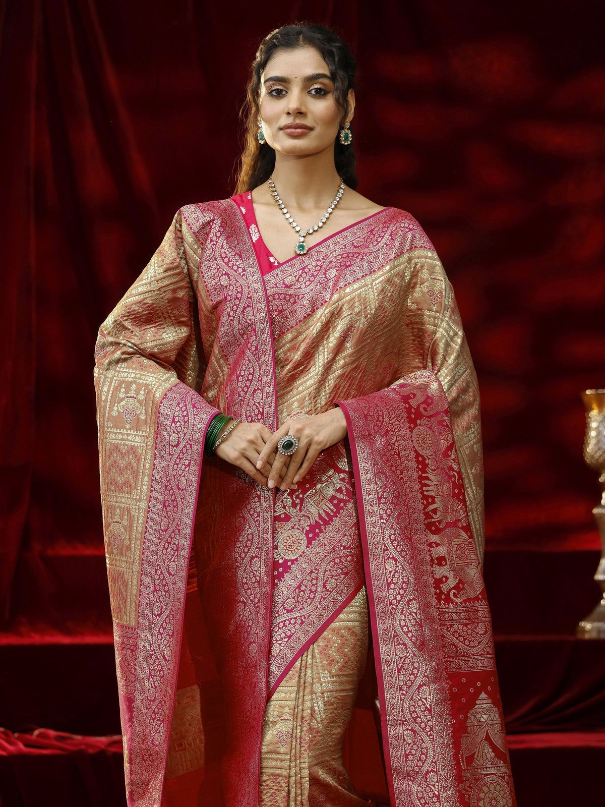 Anouk Mustard Badhani Woven Design Silk blend Saree with dupatta