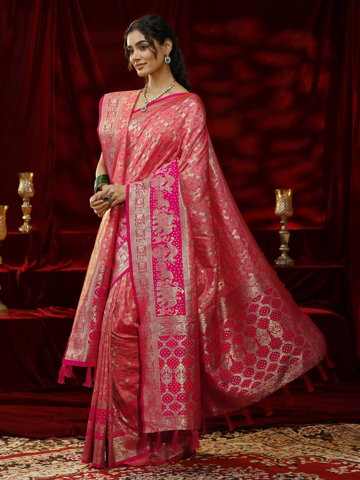 Anouk Peach Badhani Woven Design Silk blend Saree with dupatta