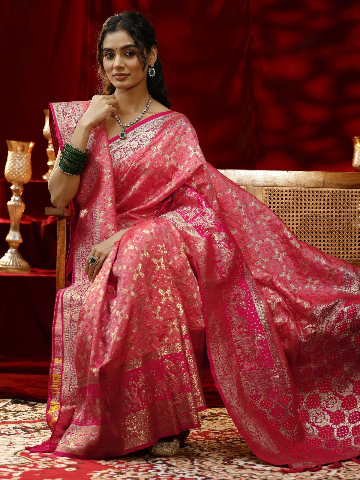 Anouk Peach Badhani Woven Design Silk blend Saree with dupatta