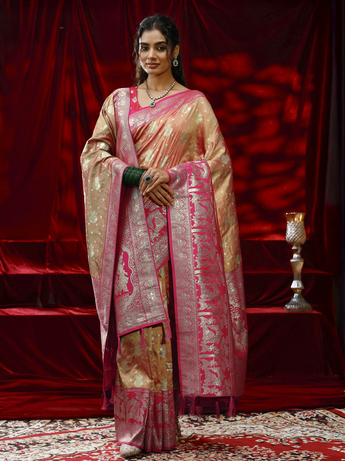 Anouk Mustard Badhani Woven Design Silk blend Saree with dupatta