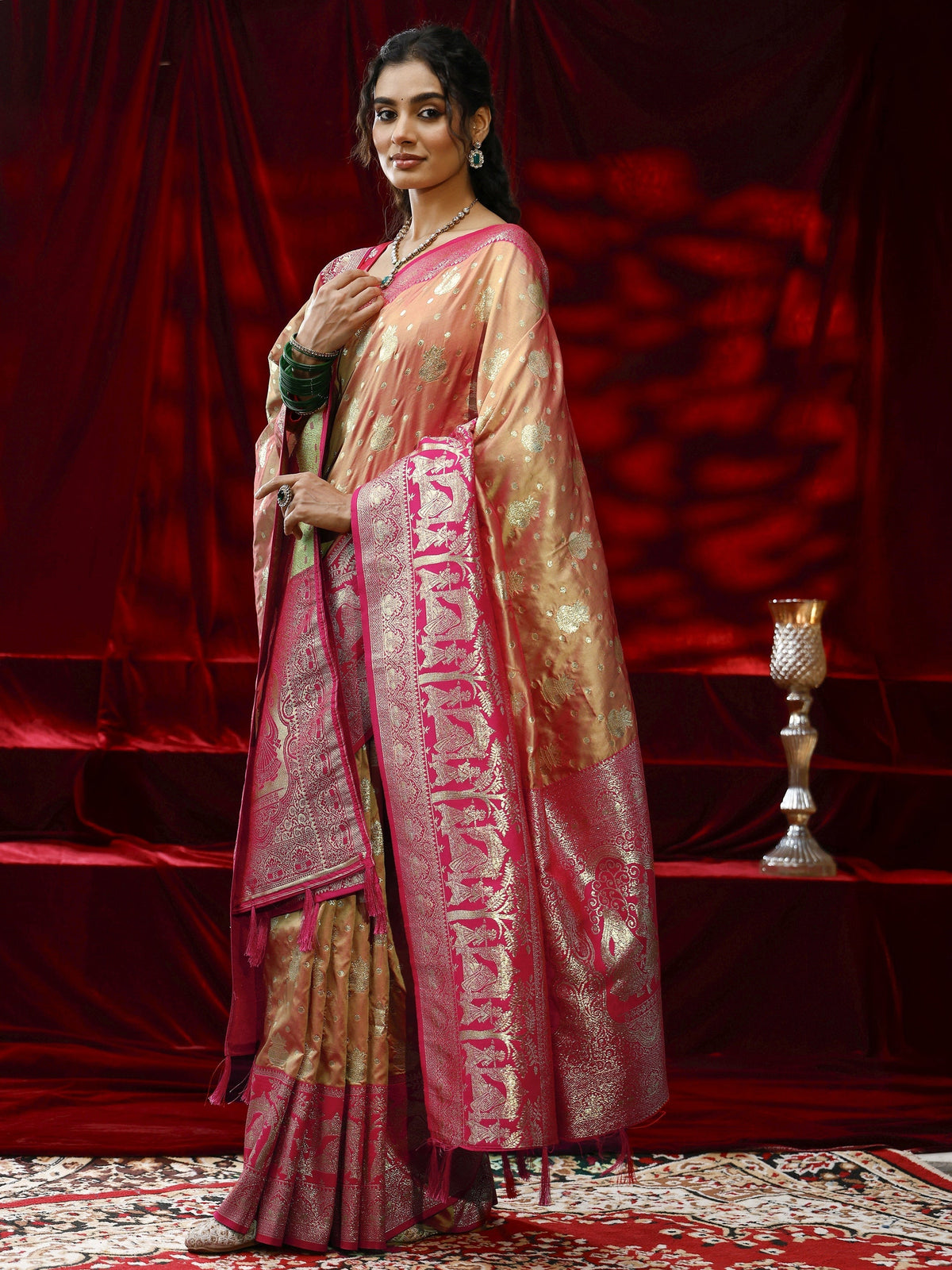 Anouk Mustard Badhani Woven Design Silk blend Saree with dupatta