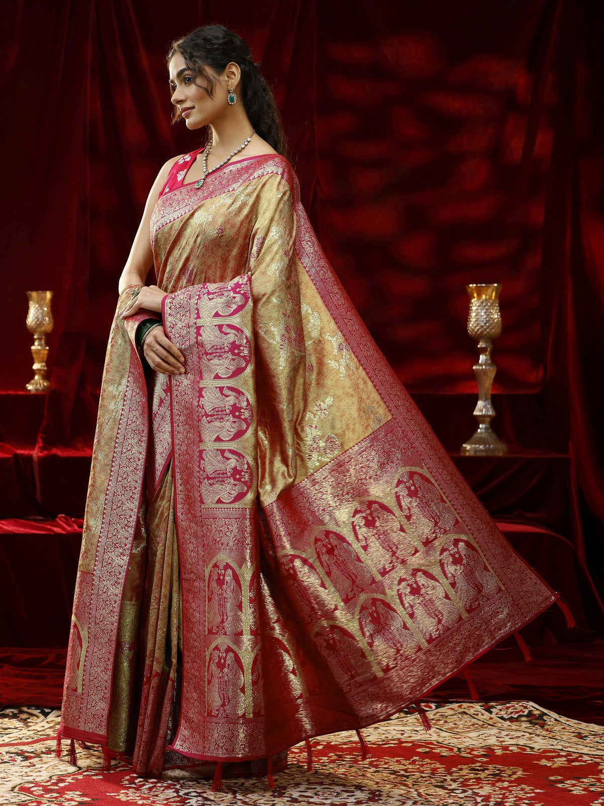Anouk Mustard Floral Woven Design Silk blend Saree with dupatta