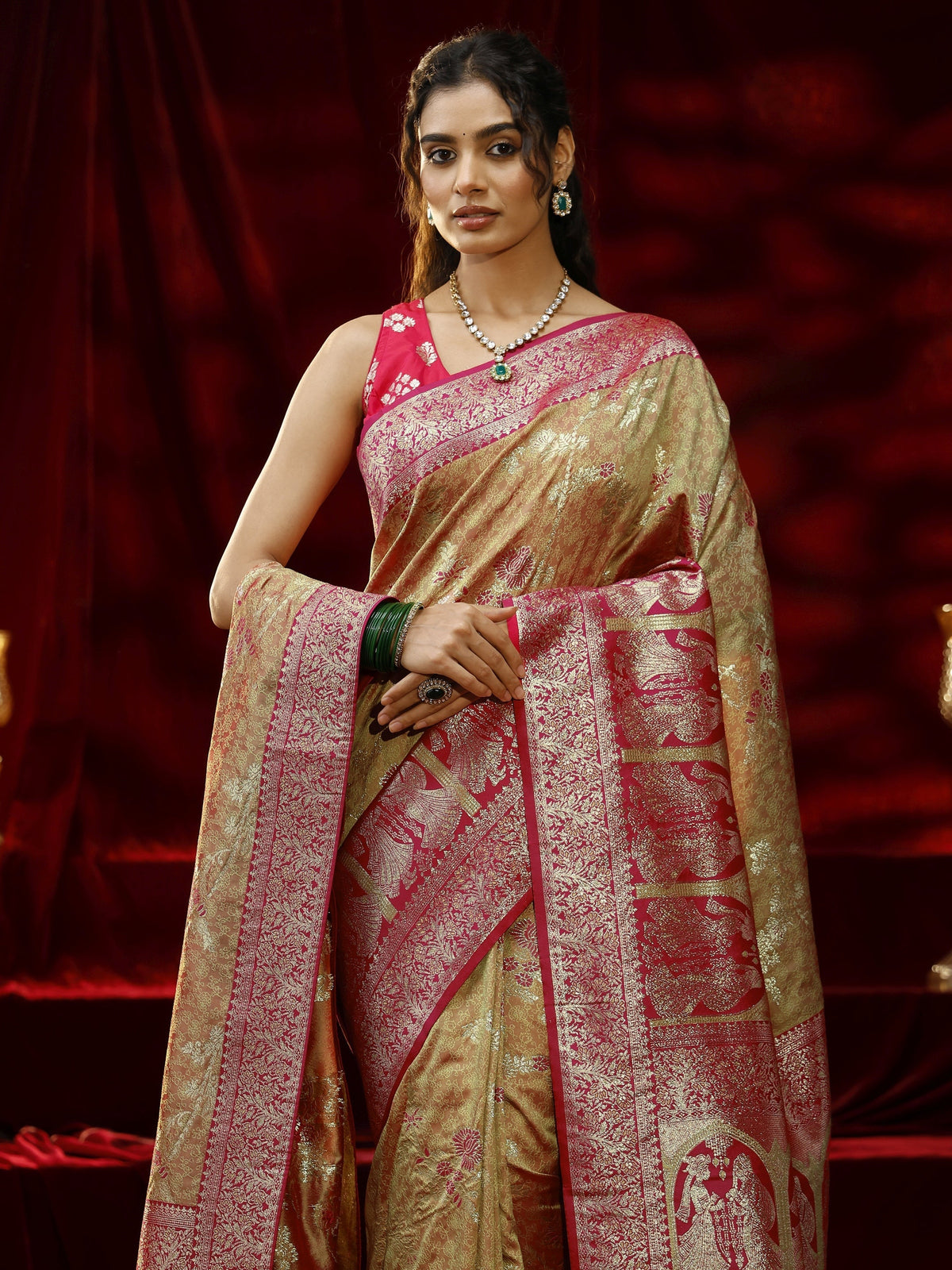 Anouk Mustard Floral Woven Design Silk blend Saree with dupatta