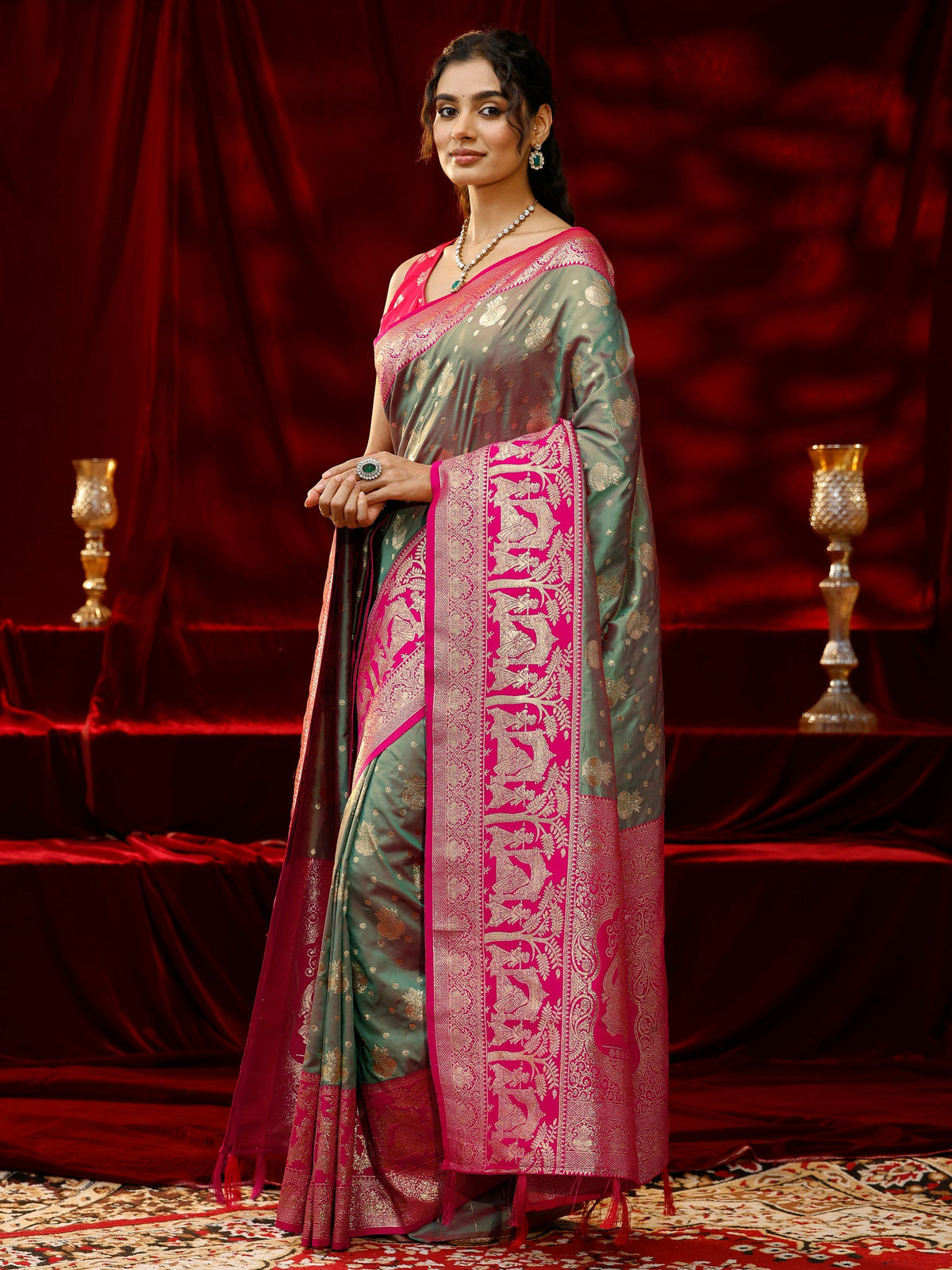 Anouk Grey Ethnic Motif Woven Design Silk blend Saree with dupatta