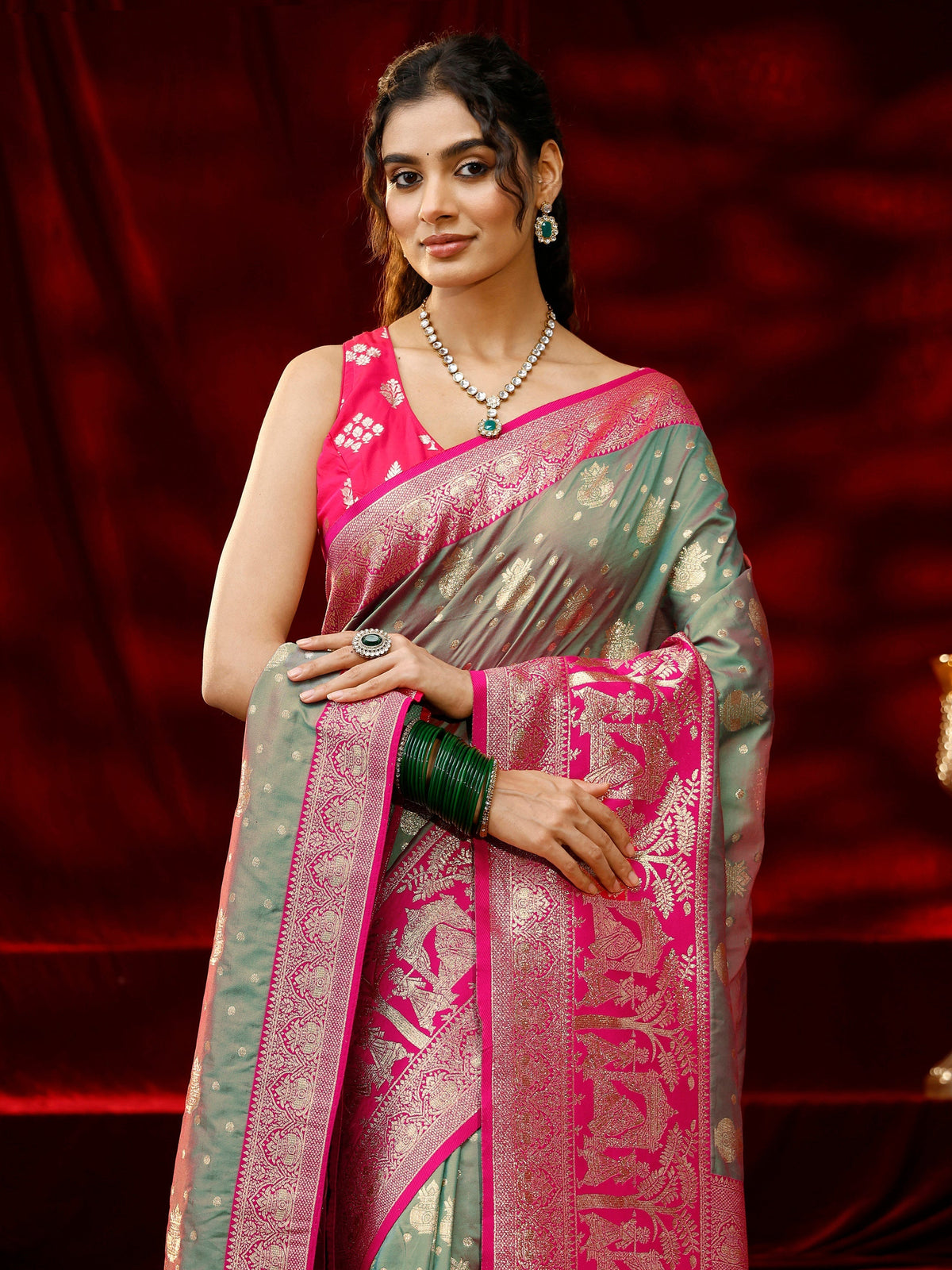 Anouk Grey Ethnic Motif Woven Design Silk blend Saree with dupatta