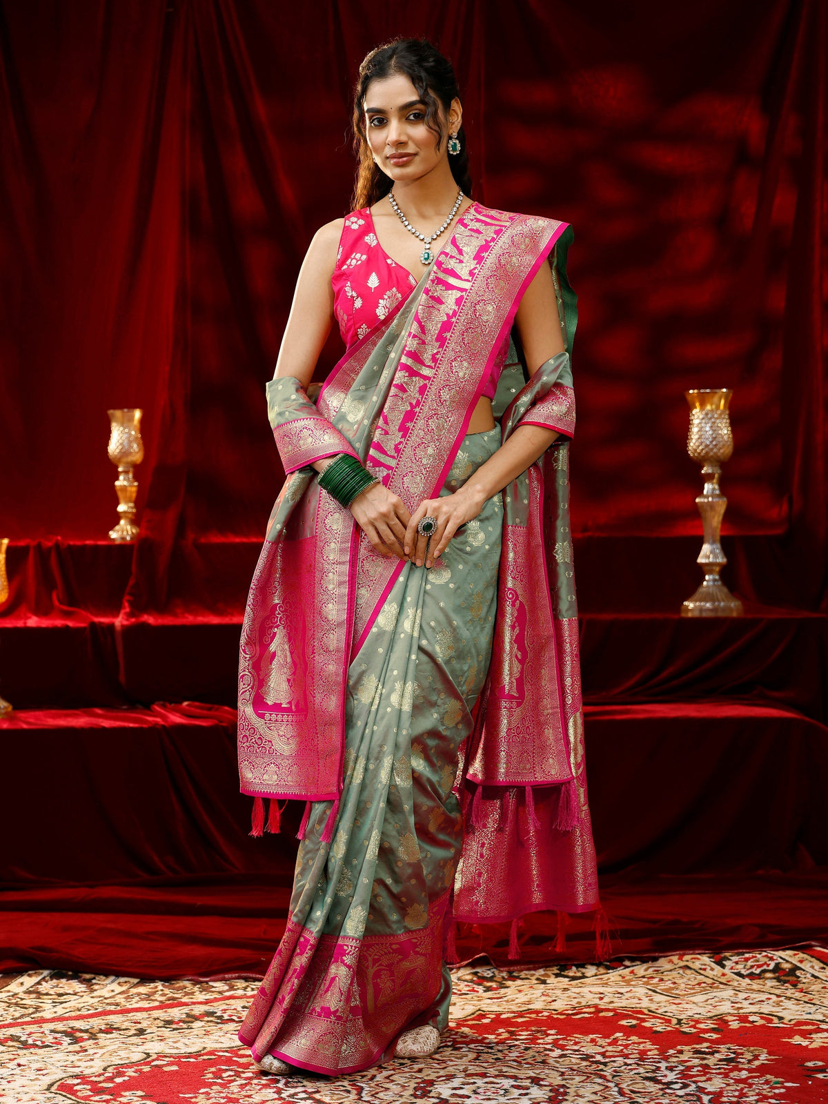 Anouk Grey Ethnic Motif Woven Design Silk blend Saree with dupatta